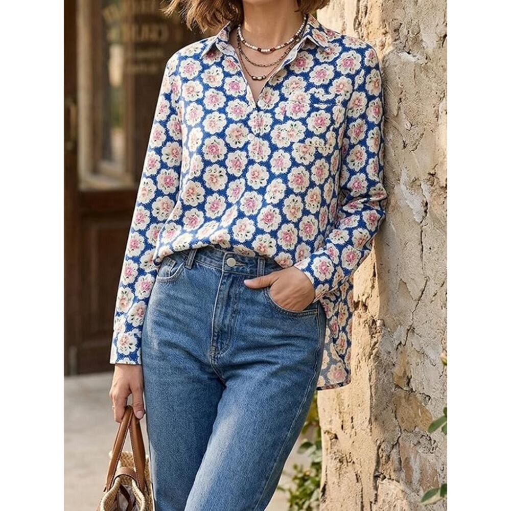 NEW Women's Retro Floral Art Print Casual Shirt Medium